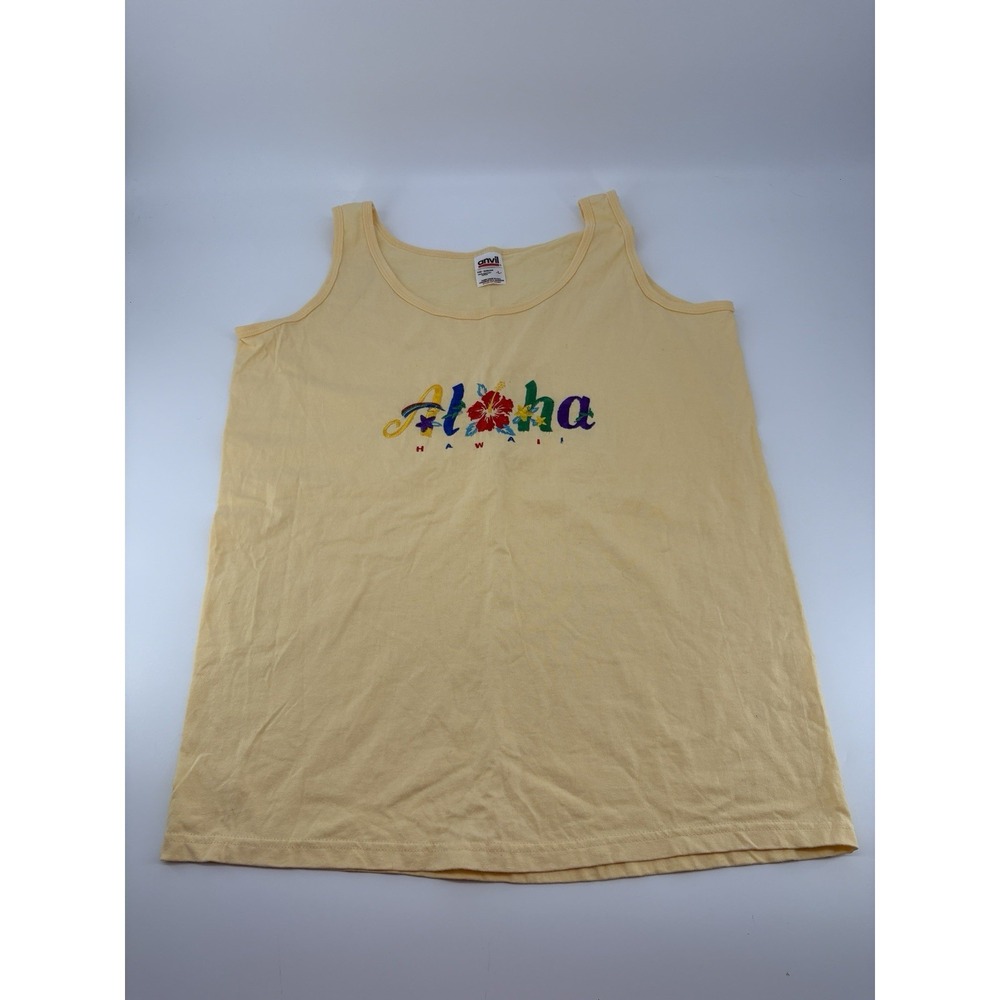 Vintage 90s Anvil Aloha Hawaii Embroidered Tank Top Pastel Yellow Womens L